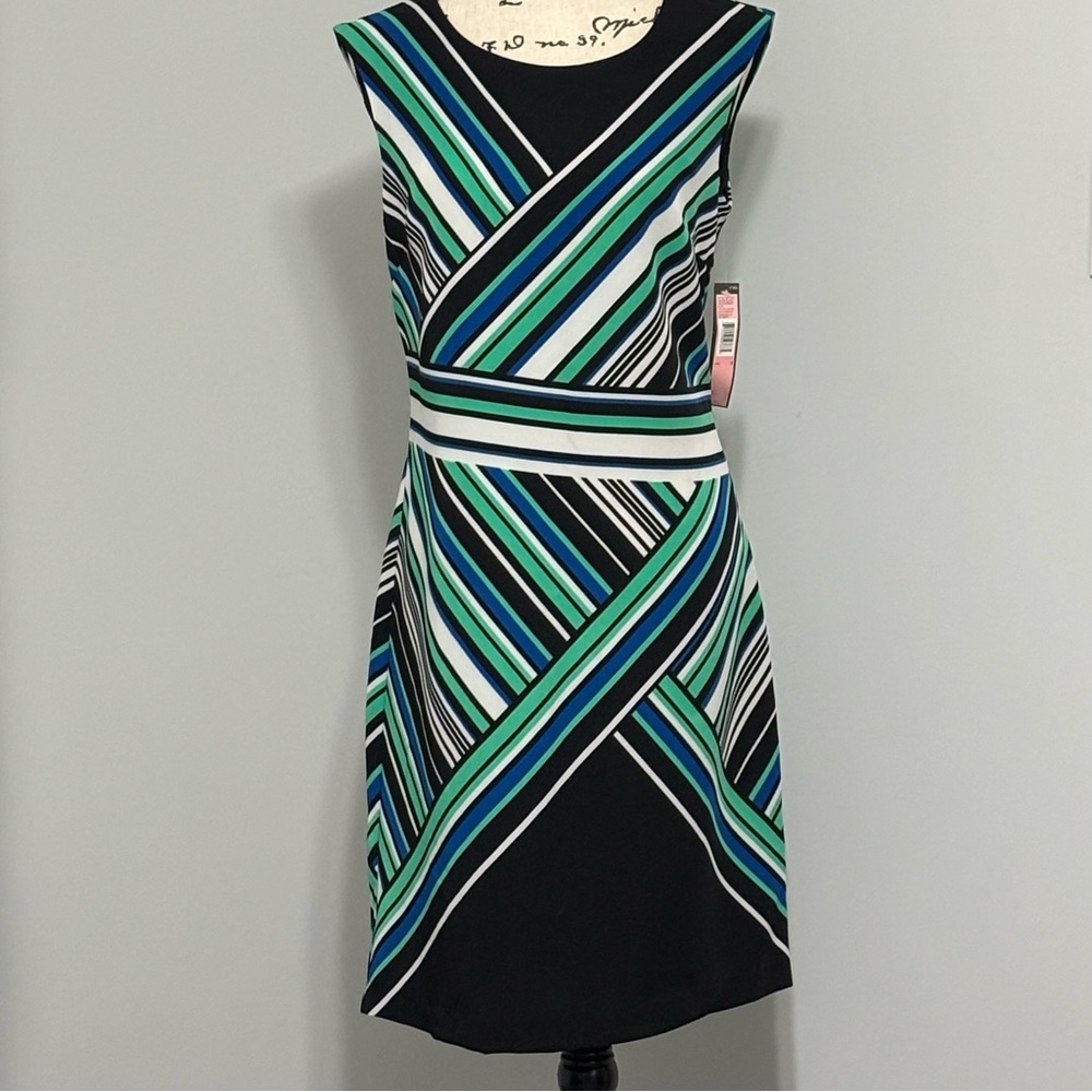 Voir Voir Black and Green Striped Midi Dress Size 8  NWT